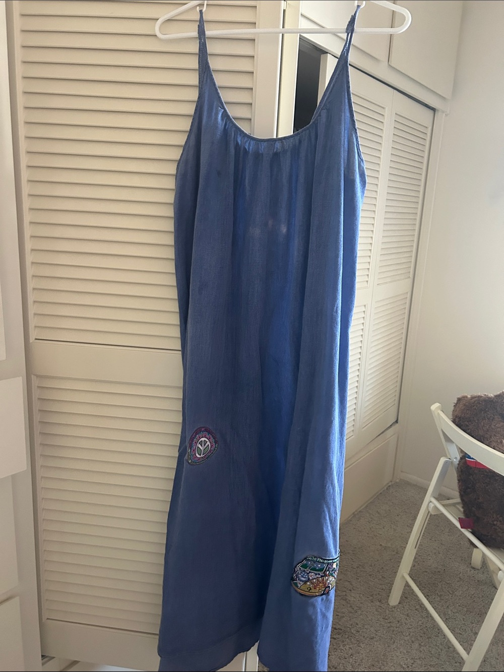 Blue Midi Slip Dress with Embroidered Patches